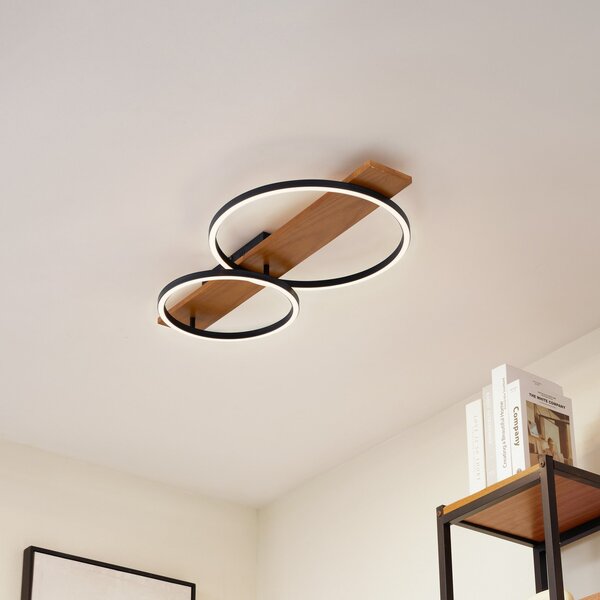 Lindby plafonieră LED Galad, negru, lemn, 2 becuri, 75 cm, reglabil, Lemn, Camera de zi / sufragerie, Lemn, Modern, Plafon rotund direct