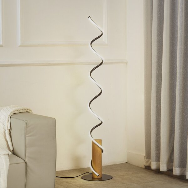 Lindby Lampadar LED Spiraali, gri, lemn, înălțime 133 cm, Gri, Camera de zi / sufragerie, Aluminiu, Casă de țară / Rustic