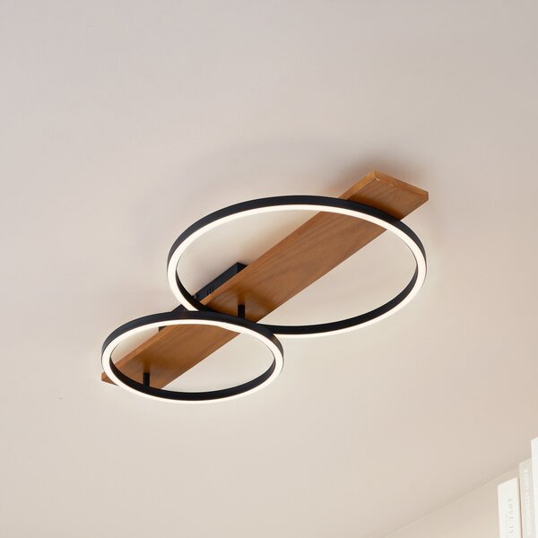 Lindby plafonieră LED Galad, negru, lemn, 2 becuri, 75 cm, reglabil, Lemn, Camera de zi / sufragerie, Lemn, Modern, Plafon rotund direct