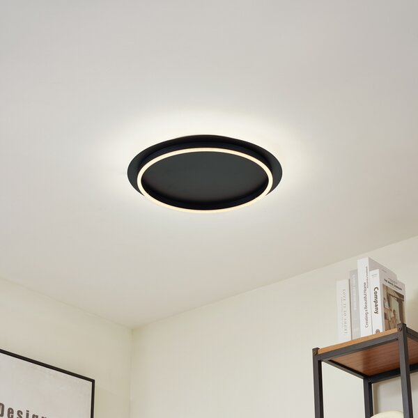 Lindby LED plafonieră Kunis, negru, plastic, Ø 46 cm, Negru, Camera de zi / sufragerie, Plastic, Modern