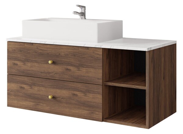 Cabinet atârnat pentru baie Salus, Marmură albă, Nuc, PAL laminat, 45x100x45cm, 46 kg