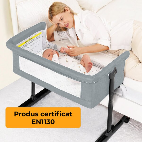 Patut co-sleeper atasabil la pat Nania Dodi Gri, pozitie antireflux, include geanta transport, certificat EN1130