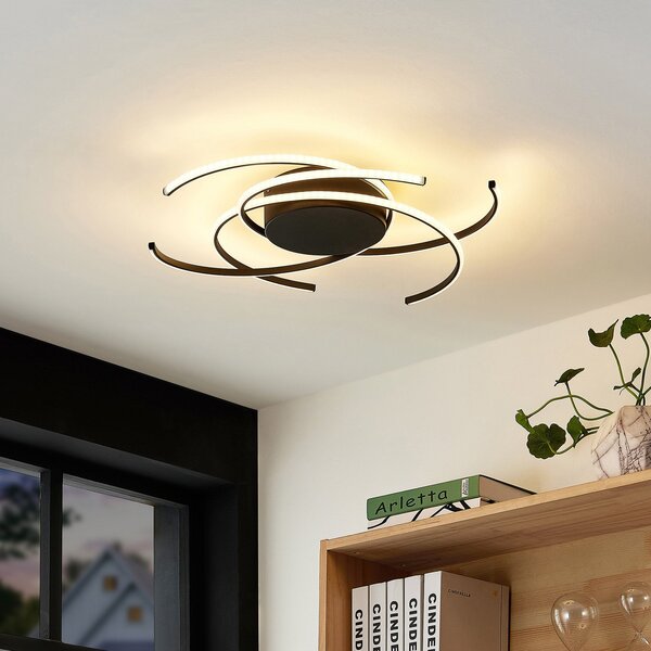 Lindby Plafonieră LED, Hamza, Ø 49 cm, negru, aluminiu, reglabil, Negru, Camera de zi / sufragerie, Metal, Modern