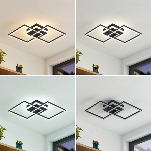 Lindby plafonieră LED Fjardo, unghiulară, negru, CCT, telecomandă, reglabil, Negru, Camera de zi / sufragerie, Metal, Modern