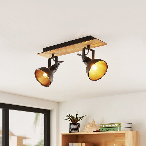 Lindby plafonieră Aylis, 2 becuri, 40 cm, negru, lemn, E14, reglabil, Lemn, Camera de zi / sufragerie, Metal, Design industrial