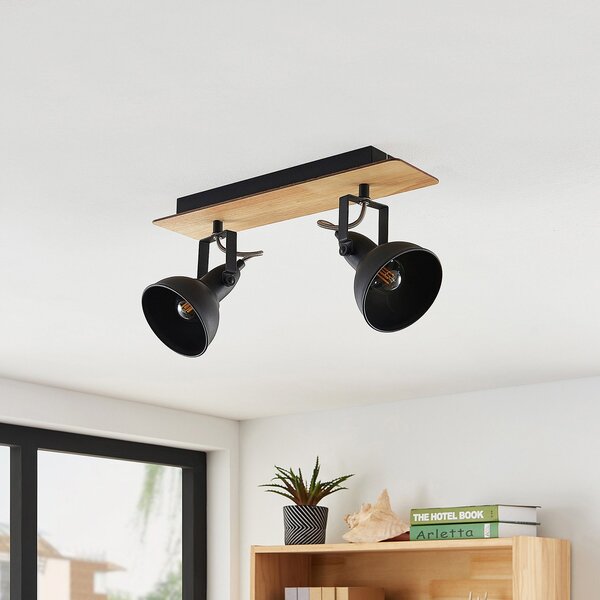 Lindby plafonieră Aylis, 2 becuri, 40 cm, negru, lemn, E14, reglabil, Lemn, Camera de zi / sufragerie, Metal, Design industrial