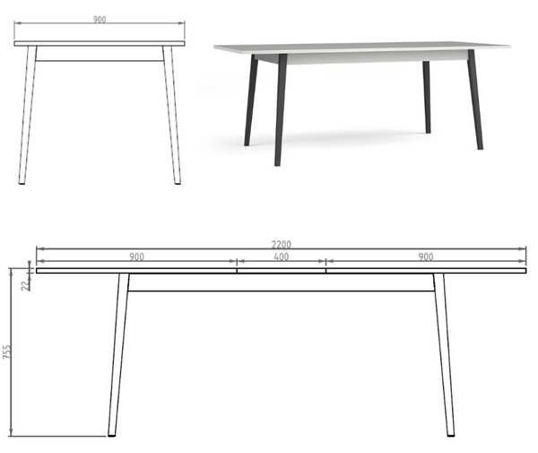 Masă extensibilă Iris, gri/negru (180-220x90 cm)