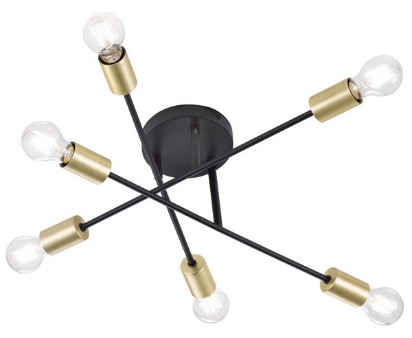 Trio Lighting Plafonieră Cross 6 becuri, pe negru-auriu, reglabil, Negru, Camera de zi / sufragerie, Metal, Modern