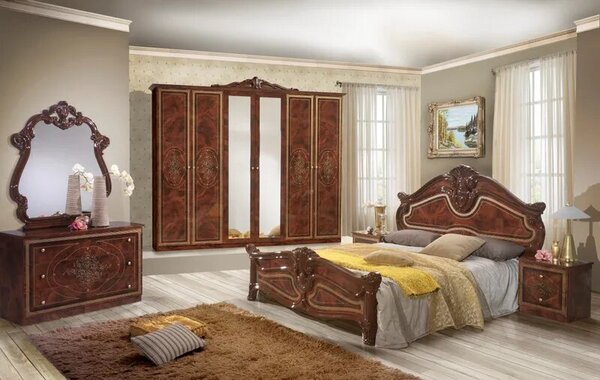 Dormitor Amalfi Nuc, pat 160x200 cm, dulap cu 6 usi, comoda, 2 noptiere, somiera + saltea cadou
