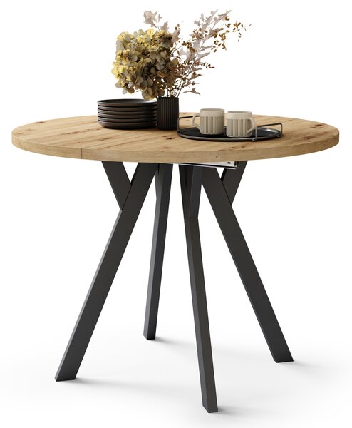 Mazzoni ALMO Stejar Artisan/picioare negre - MASĂ ROTUNDĂ EXTENSIBILĂ CU PICIOARE ÎN FORMĂ DE Y STIL LOFT PENTRU SALON/SUFRAGERIE