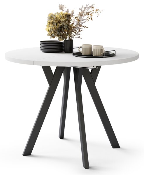 Mazzoni ALMO Alb Mat/picioare negre - MASĂ ROTUNDĂ EXTENSIBILĂ CU PICIOARE ÎN FORMĂ DE Y STIL LOFT PENTRU SALON/SUFRAGERIE