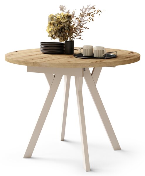 Mazzoni ALMO Stejar Artisan/picioare bej - MASĂ ROTUNDĂ EXTENSIBILĂ CU PICIOARE ÎN FORMĂ DE Y STIL LOFT PENTRU SALON/SUFRAGERIE