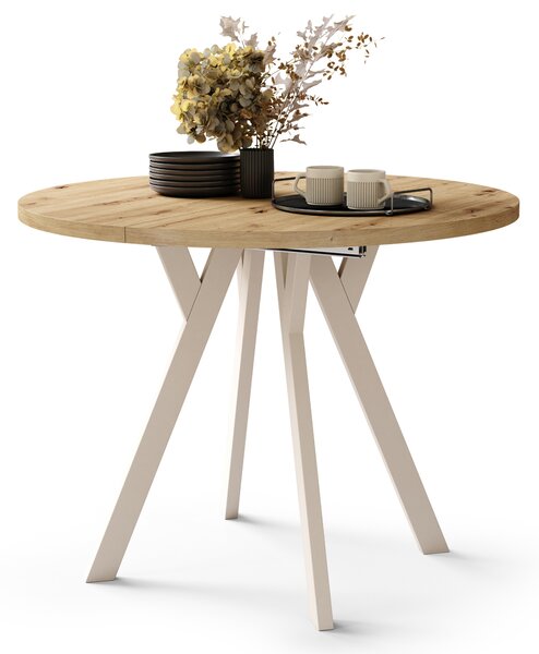 Mazzoni ALMO Stejar Artisan/picioare bej - MASĂ ROTUNDĂ EXTENSIBILĂ CU PICIOARE ÎN FORMĂ DE Y STIL LOFT PENTRU SALON/SUFRAGERIE