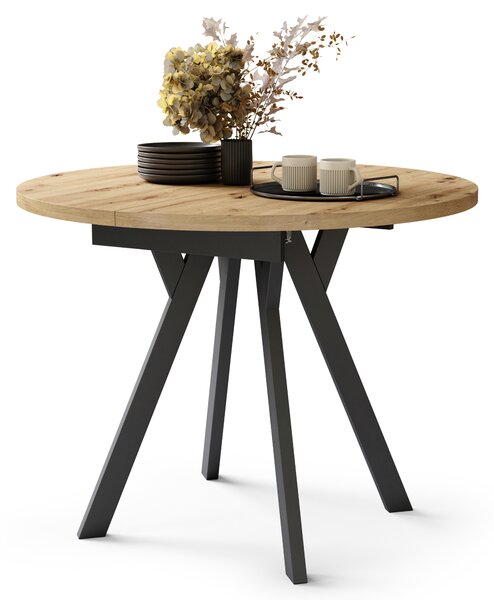 Mazzoni ALMO Stejar Artisan/picioare negre - MASĂ ROTUNDĂ EXTENSIBILĂ CU PICIOARE ÎN FORMĂ DE Y STIL LOFT PENTRU SALON/SUFRAGERIE