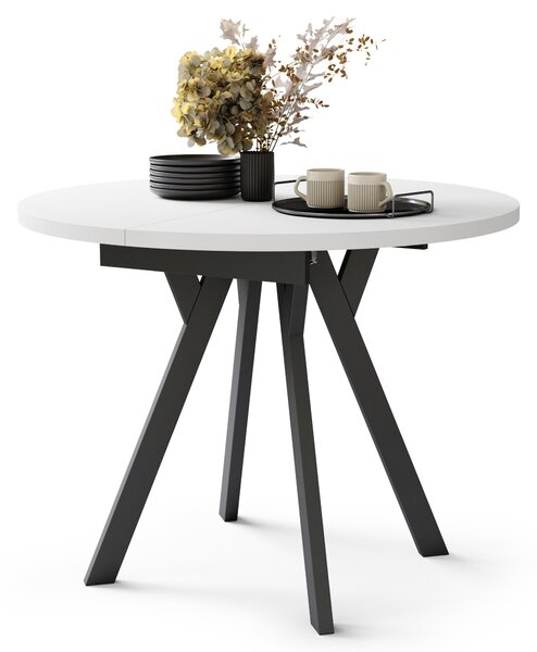Mazzoni ALMO Alb Mat/picioare negre - MASĂ ROTUNDĂ EXTENSIBILĂ CU PICIOARE ÎN FORMĂ DE Y STIL LOFT PENTRU SALON/SUFRAGERIE