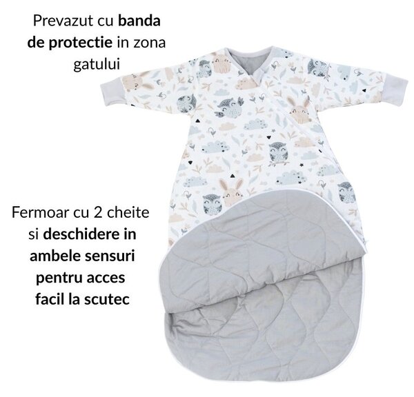 Sac de dormit copii cu maneci 12-18 luni Kidizi Forest Friends, 1 tog, bumbac 100%, pentru toamna/iarna