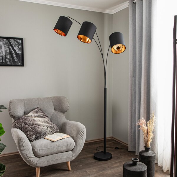 Lindby lampadar Nanika, negru / aur, 202 cm, E27, 3 becuri., Negru, Camera de zi / sufragerie, Metal, Modern, Arc în picioare
