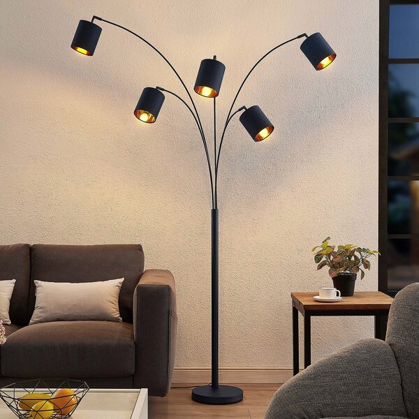 Lindby lampadar Abiram, negru/galben, textil, 70cm, Negru, Camera de zi / sufragerie, Metal, Modern, Arc în picioare
