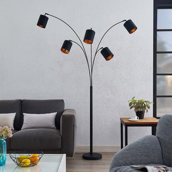 Lindby lampadar Abiram, negru/galben, textil, 70cm, Negru, Camera de zi / sufragerie, Metal, Modern, Arc în picioare