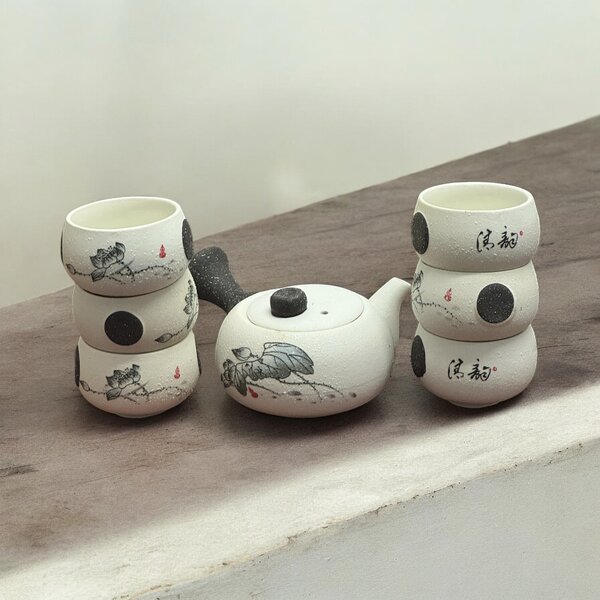 Set Ceainic 150 ml si 6 Cupe, Ceramica, Black
