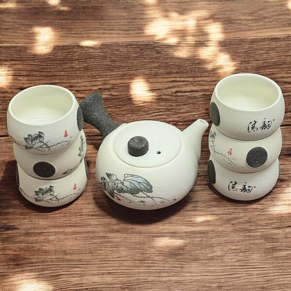 Set Ceainic 150 ml si 6 Cupe, Ceramica, Black