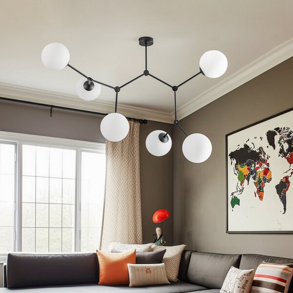 EMIBIG LIGHTING Plafonieră Space, negru/opal, 6 becuri, reglabil, Negru, Camera de zi / sufragerie, Metal, Modern, glob