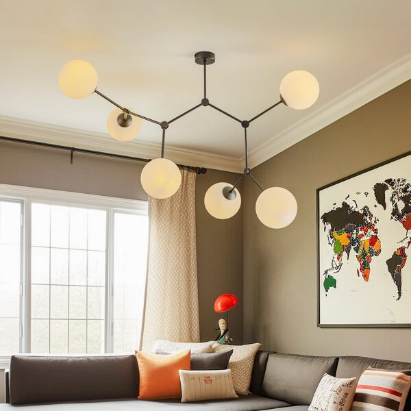 EMIBIG LIGHTING Plafonieră Space, negru/opal, 6 becuri, reglabil, Negru, Camera de zi / sufragerie, Metal, Modern, glob