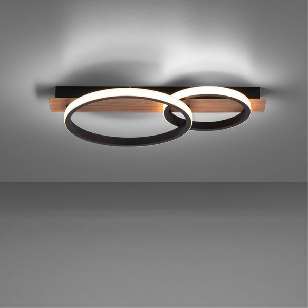 JUST LIGHT. GmbH Plafonieră cu LED Trooper, decor lemn, două lumini, Negru, Camera de zi / sufragerie, Metal, Modern