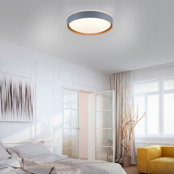 Q-Smart-Home Paul Neuhaus Q-EMILIA plafonieră LED, gri/lemn, reglabil, Gri, Camera de zi / sufragerie, Metal