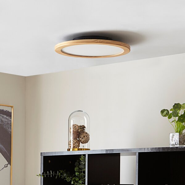 Lucande LED plafonieră Joren, Ø 38 cm, lemn, CCT, telecomandă, reglabil, Lemn, Camera de zi / sufragerie, Lemn, Casă de țară / Rustic