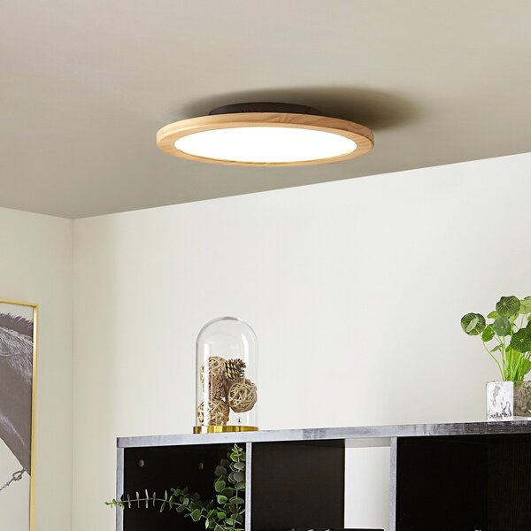 Lucande LED plafonieră Joren, Ø 38 cm, lemn, CCT, telecomandă, reglabil, Lemn, Camera de zi / sufragerie, Lemn, Casă de țară / Rustic