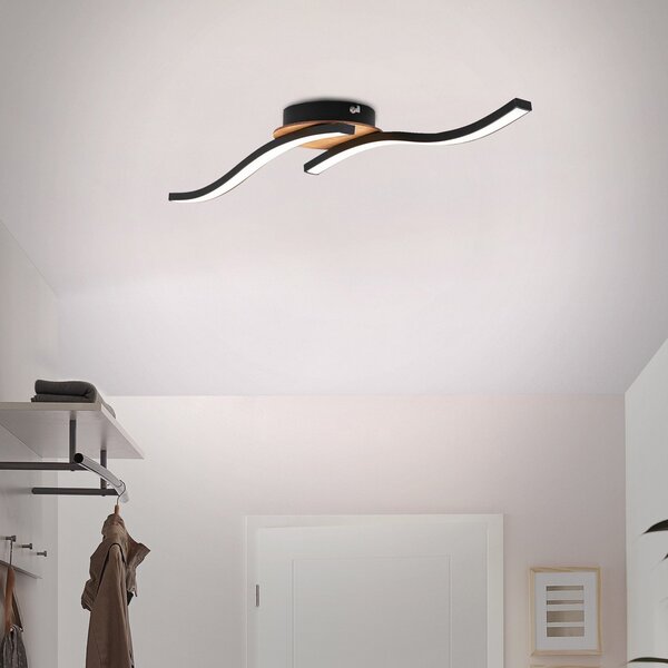 Briloner Plafonieră LED Go 2 becuri negru/decor din lemn ondulat, Negru, Camera de zi / sufragerie, Metal, Modern