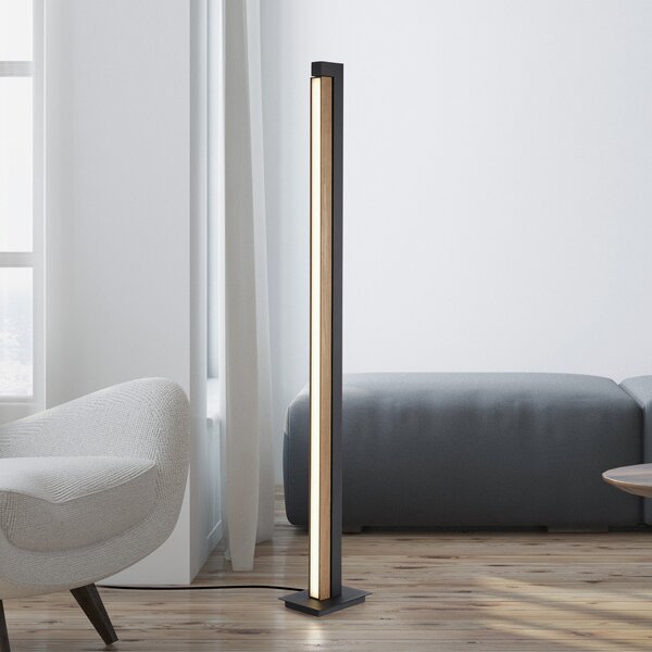 PURE Lampadar LED Lines, negru, lemn, telecomandă, 140 cm, reglabil, Lemn, Camera de zi / sufragerie, Lemn