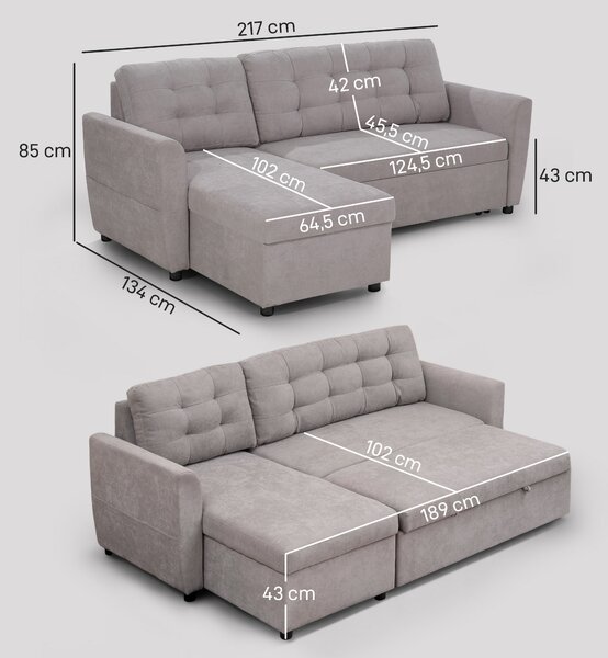 Canapea Extensibila pe Colt cu 3 Locuri si Compartiment de Depozitare, Tapiterie Efect In, Spatar cu perne 217x134x85cm, Gri HOMCOM | Aosom Romania