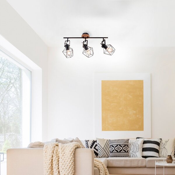 JUST LIGHT. GmbH Plafonieră Jaro reglabilă negru/lemn cu 3 lumini, reglabil, Negru, Camera de zi / sufragerie, Metal, Modern, Plafon cu flacără multiplă