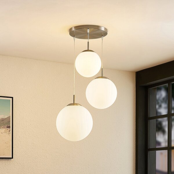 Lindby Lampă suspendată Heleska, alb, sticlă, 3 becuri, Ø 47cm, reglabil, Alb, Camera de zi / sufragerie, Sticlă, Modern