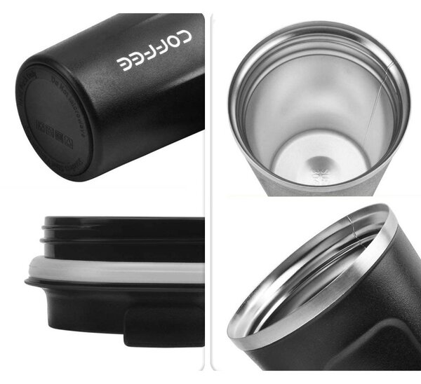 Cana termos Coffe 510 ml, suport antiderapant, otel/plastic, 17 x 8cm, negru
