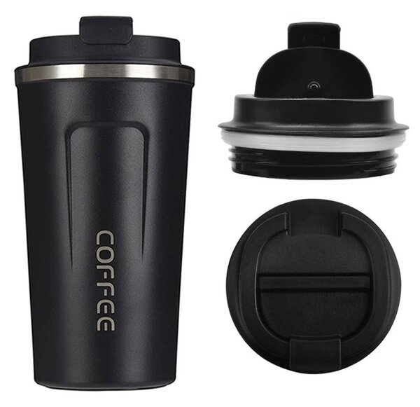 Cana termos Coffe 510 ml, suport antiderapant, otel/plastic, 17 x 8cm, negru