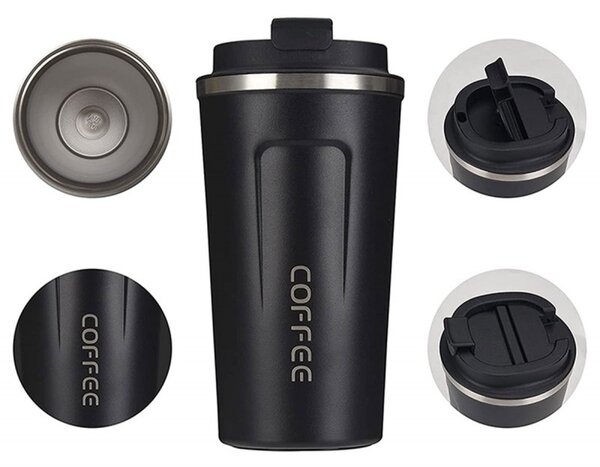 Cana termos Coffe 510 ml, suport antiderapant, otel/plastic, 17 x 8cm, negru