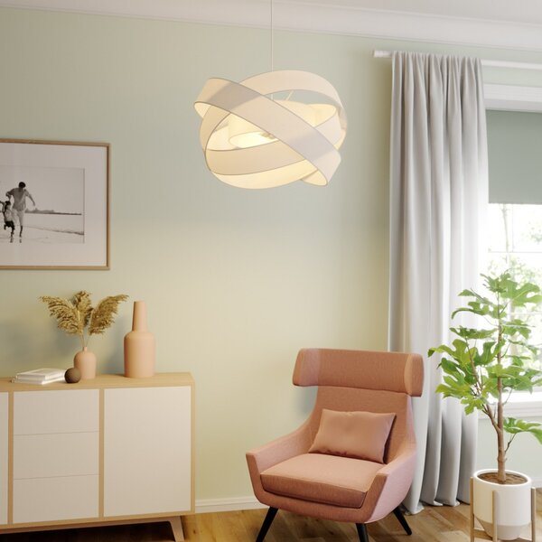 Lindby Lampă suspendată Simaria, alb, textil, Ø 60 cm, E27, reglabil, Alb, Camera de zi / sufragerie, Țesătură / Textil, Modern