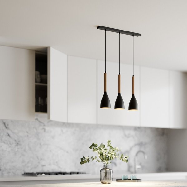 Luminex Lampă suspendată Muza cu 3 becuri lungă negru/lemn deschis, reglabil, Negru, Camera de zi / sufragerie, Metal, Modern