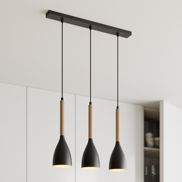 Luminex Lampă suspendată Muza cu 3 becuri lungă negru/lemn deschis, reglabil, Negru, Camera de zi / sufragerie, Metal, Modern
