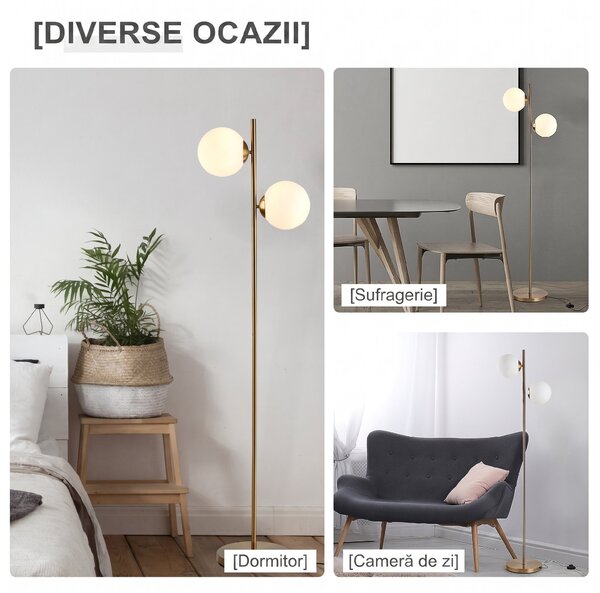 HOMCOM Lampă de Podea cu 2 Lumini și Abajururi Sferice, Lampă de Podea cu Comutator de Picior, Soclu E27, 39x28x165 cm, Aur | Aosom Romania