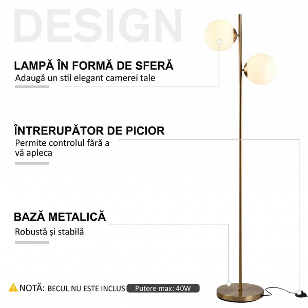 HOMCOM Lampă de Podea cu 2 Lumini și Abajururi Sferice, Lampă de Podea cu Comutator de Picior, Soclu E27, 39x28x165 cm, Aur | Aosom Romania