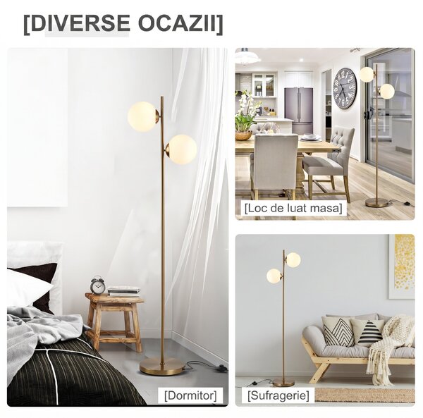 HOMCOM Lampă de Podea cu 2 Lumini și Abajururi Sferice, Lampă de Podea cu Comutator de Picior, Soclu E27, 39x28x165 cm, Aur | Aosom Romania