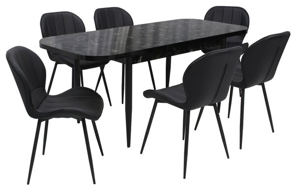Set masă extensibilă Viena Negru cu 6 Scaune Piele Topaz Negru