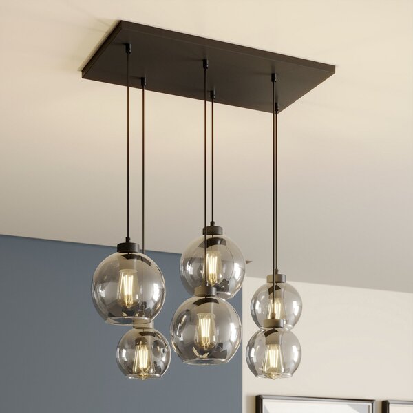 TK Lighting Lampă suspendată Cubus, gri fum, sticlă, lungime 74 cm, 6 becuri, reglabil, Gri, Camera de zi / sufragerie, Sticlă, Modern
