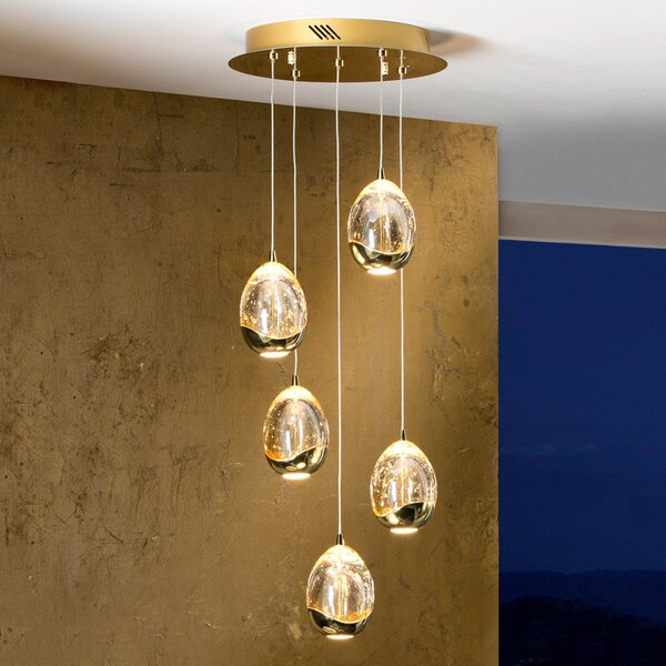 Schuller Valencia Suspensie cu LED Rocio, 5 lumini, rotundă, metal, sticlă, auriu, reglabil, Transparent, Camera de zi / sufragerie, Metal