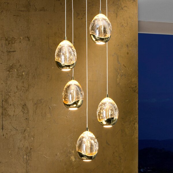 Schuller Valencia Suspensie cu LED Rocio, 5 lumini, rotundă, metal, sticlă, auriu, reglabil, Transparent, Camera de zi / sufragerie, Metal