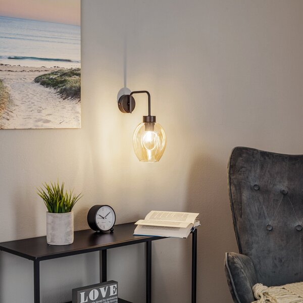 EMIBIG LIGHTING Aplică de perete Lukka, 1 bec, negru/chihlimbar, reglabil, Negru, Camera de zi / sufragerie, Metal, Modern